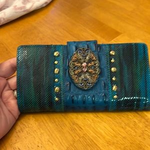 Sharif croc embossed and beaded large Wallet peacock colors Guc